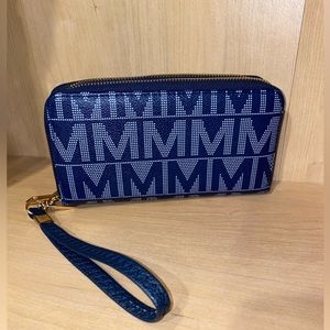 NWOT MKF Collection Wristlet Clutch  Navy with gold trim